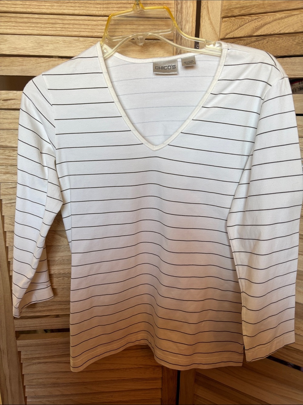 Chico's White Long-Sleeve V-Neck Tee with Thin Black Stripes 1 Medium